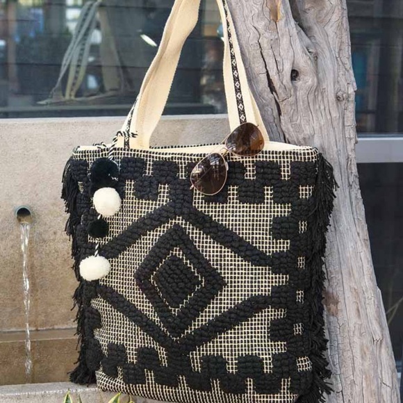Boho Chic Woven Black and Cream Geometric Tote Bag- Olive and Coco Boutique Bag - Picture 1 of 5